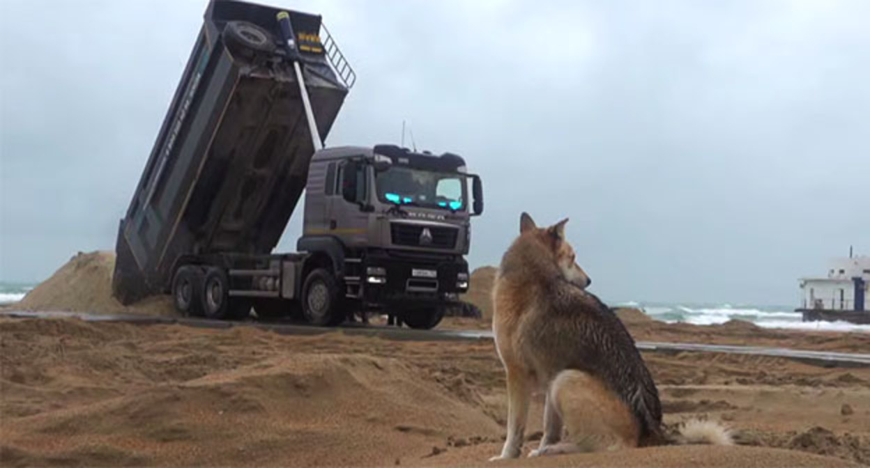 Восстановление пляжей в Анапе. 25 февраля 2026 г. Скриншот видео https://t.me/opershtab23/15145