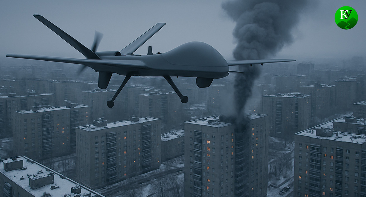 БПЛА над городом. Иллюстрация создана «Кавказским узлом» с помощью ИИ в программе Copilot