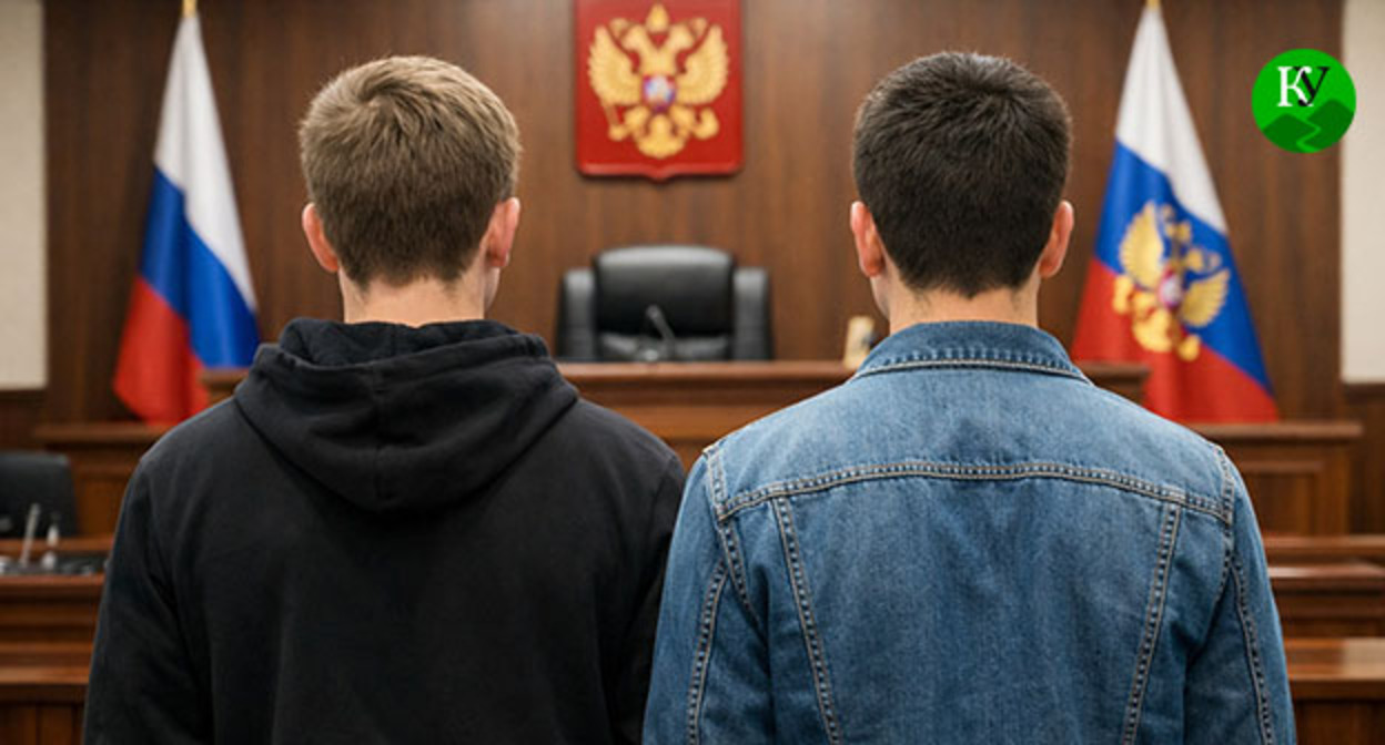 Молодые люди в зале суда. Иллюстрация создана "Кавказским узлом" при помощи ИИ в программе Copilot