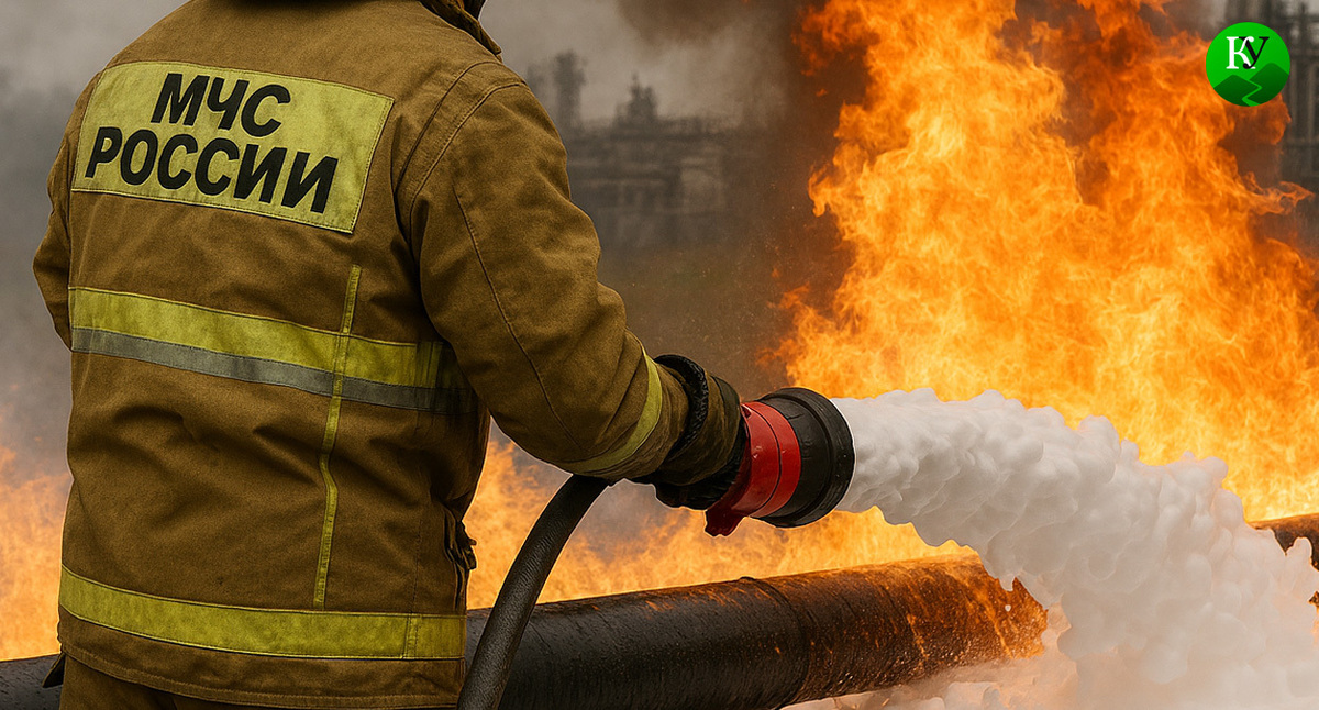 Пожарный тушит огонь на нефтебазе. Иллюстрация создана «Кавказским узлом» с помощью ИИ в программе Copilot