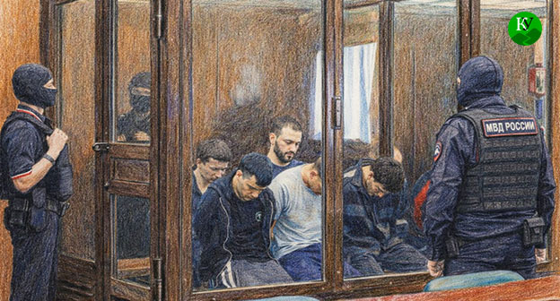 Подсудимые в зале суда. Иллюстрация создана "Кавказским узлом" при помощи ИИ в программе Copilot