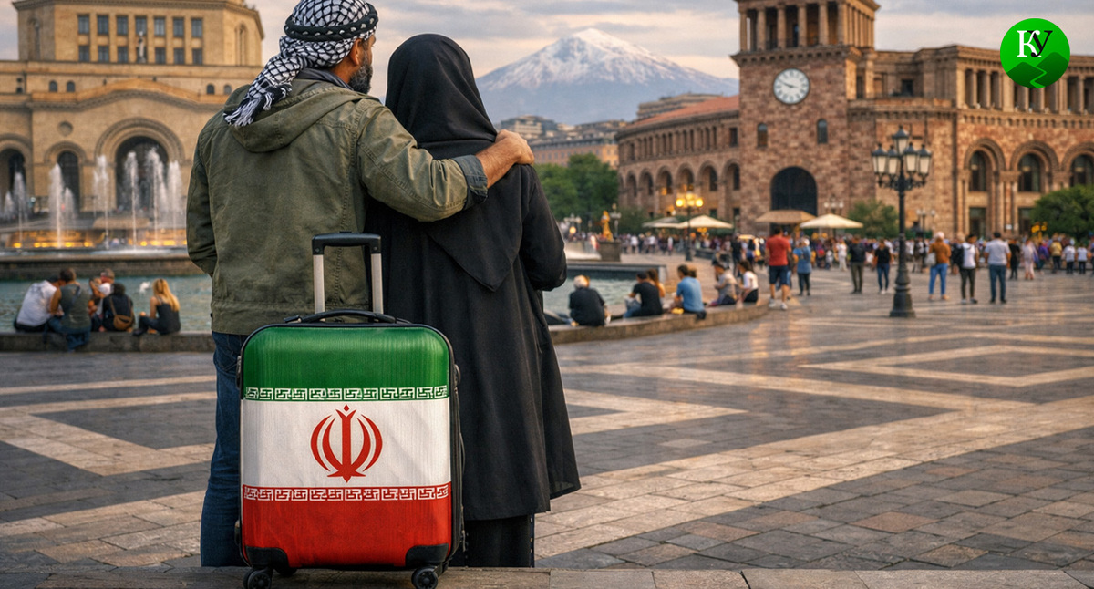 Беженцы из Ирана в Ереване. Иллюстрация создана «Кавказским узлом» с помощью ИИ в программе Copilot