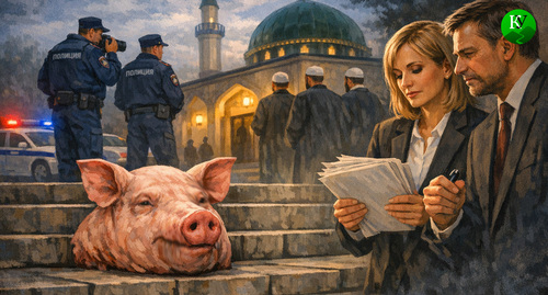 Голова свиньи у мечети. Иллюстрация создана «Кавказским узлом» с помощью ИИ в программе Copilot