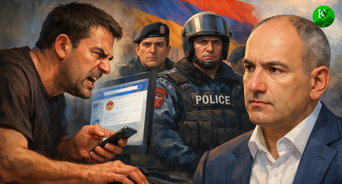 Комментатор и Пашинян. Иллюстрация создана «Кавказским узлом» с помощью ИИ в программе Copilot