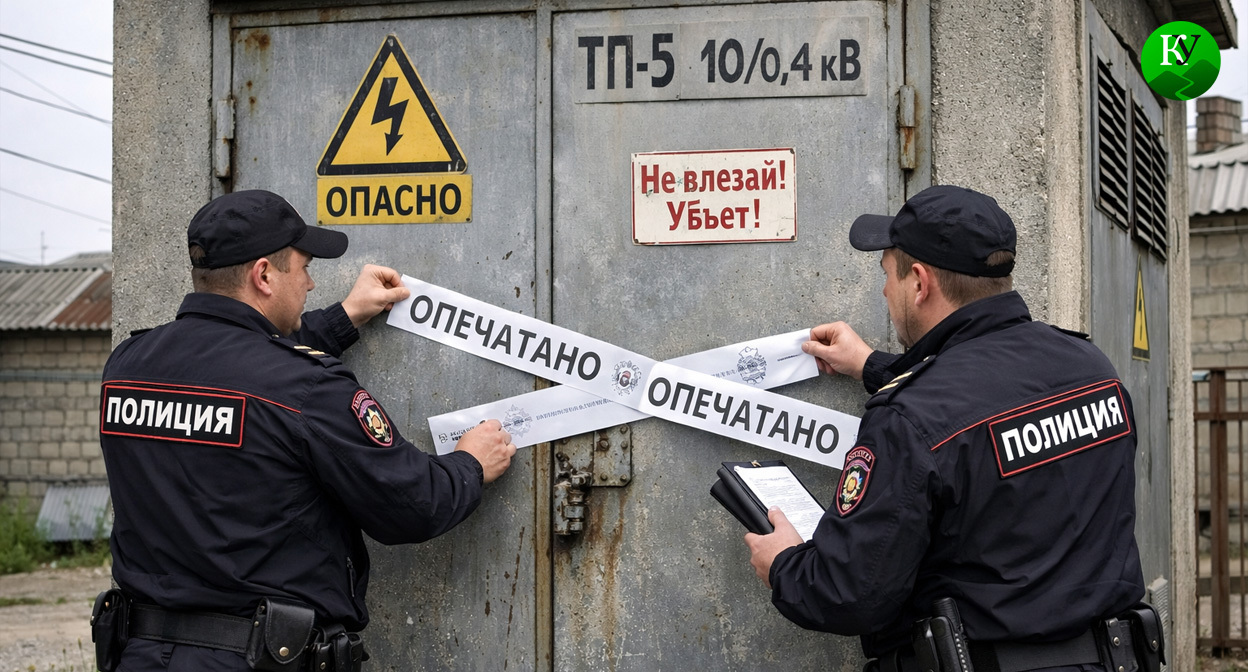 Полицейские опечатывают подстанцию. Иллюстрация создана «Кавказским узлом» с помощью ИИ в программе Copilot Полицейские опечатывают подстанцию. Иллюстрация создана «Кавказским узлом» с помощью ИИ в программе Copilot