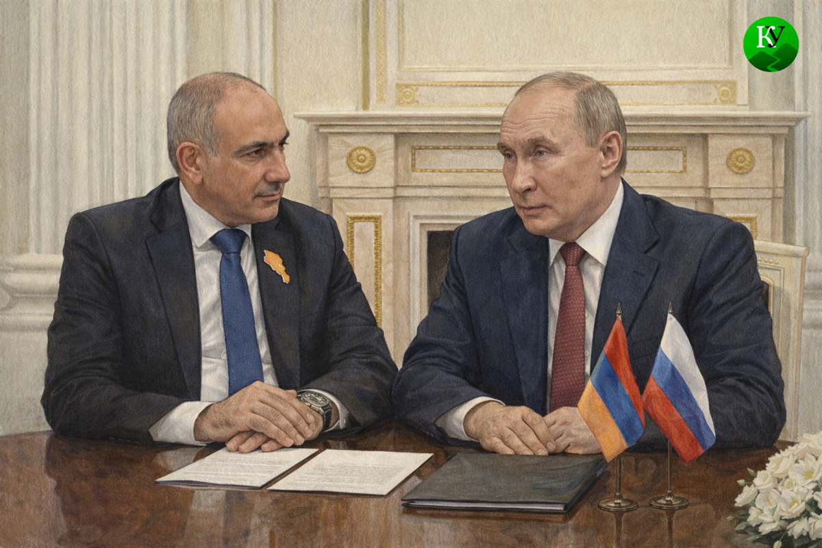 Встреча Никола Пашиняна и Владимира Путина. Иллюстрация создана "Кавказским узлом" с помощью ИИ в программе Copilot