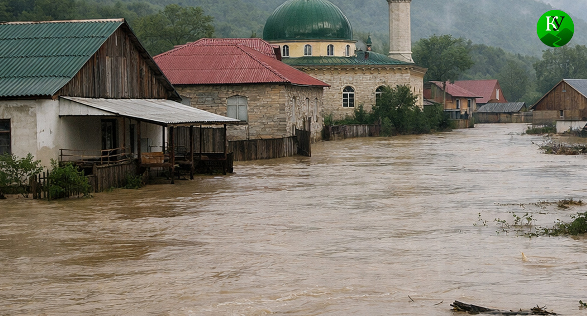 Потоп в горном селе. Иллюстрация создана «Кавказским узлом» с помощью ИИ в программе Copilot