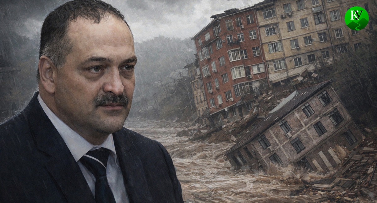 Меликов и обрушенная пристройка. Иллюстрация создана «Кавказским узлом» с помощью ИИ в программе Copilot