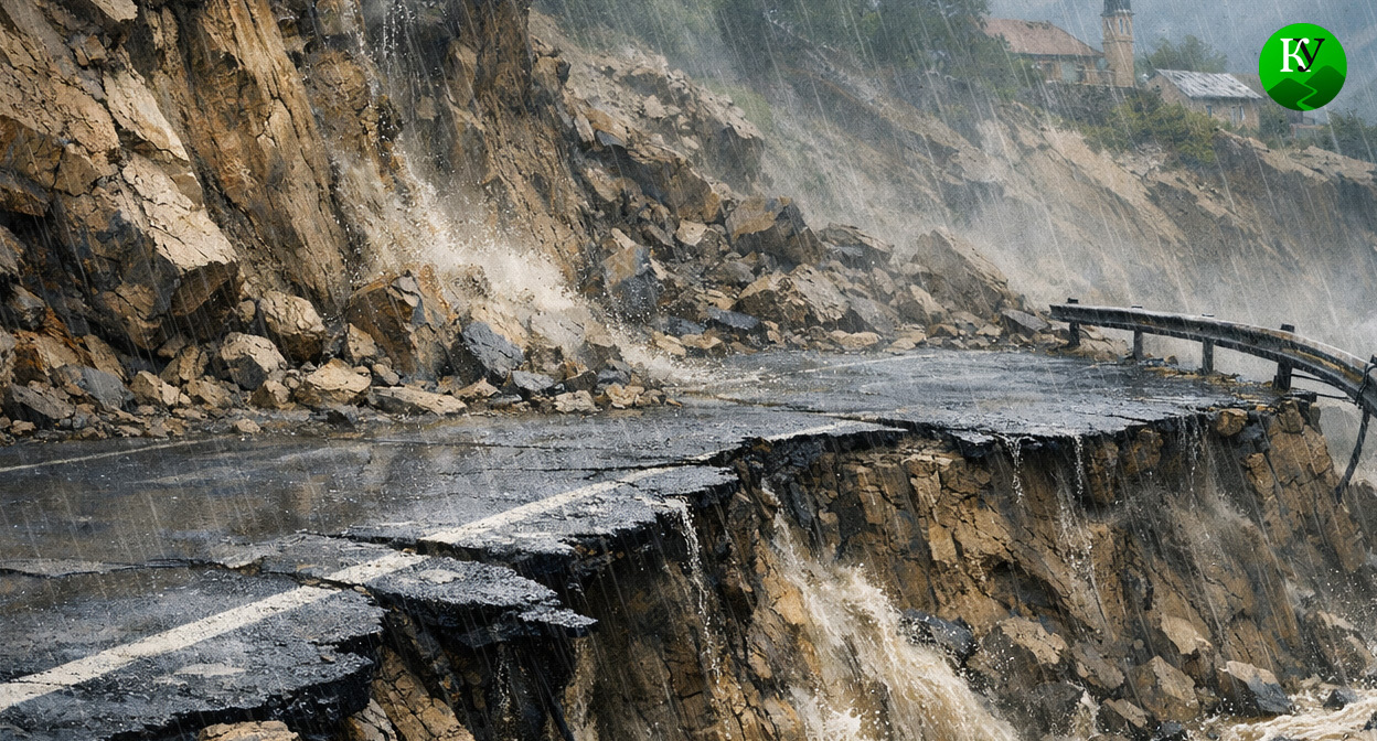 Оползень разрушил дорогу. Иллюстрация создана «Кавказским узлом» с помощью ИИ в программе Copilot Оползень разрушил дорогу. Иллюстрация создана «Кавказским узлом» с помощью ИИ в программе Copilot