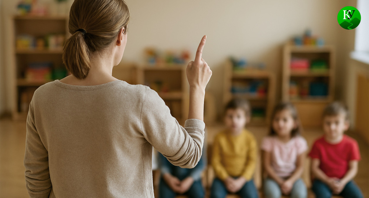 Воспитательница и дети. Иллюстрация создана «Кавказским узлом» с помощью ИИ в программе Copilot