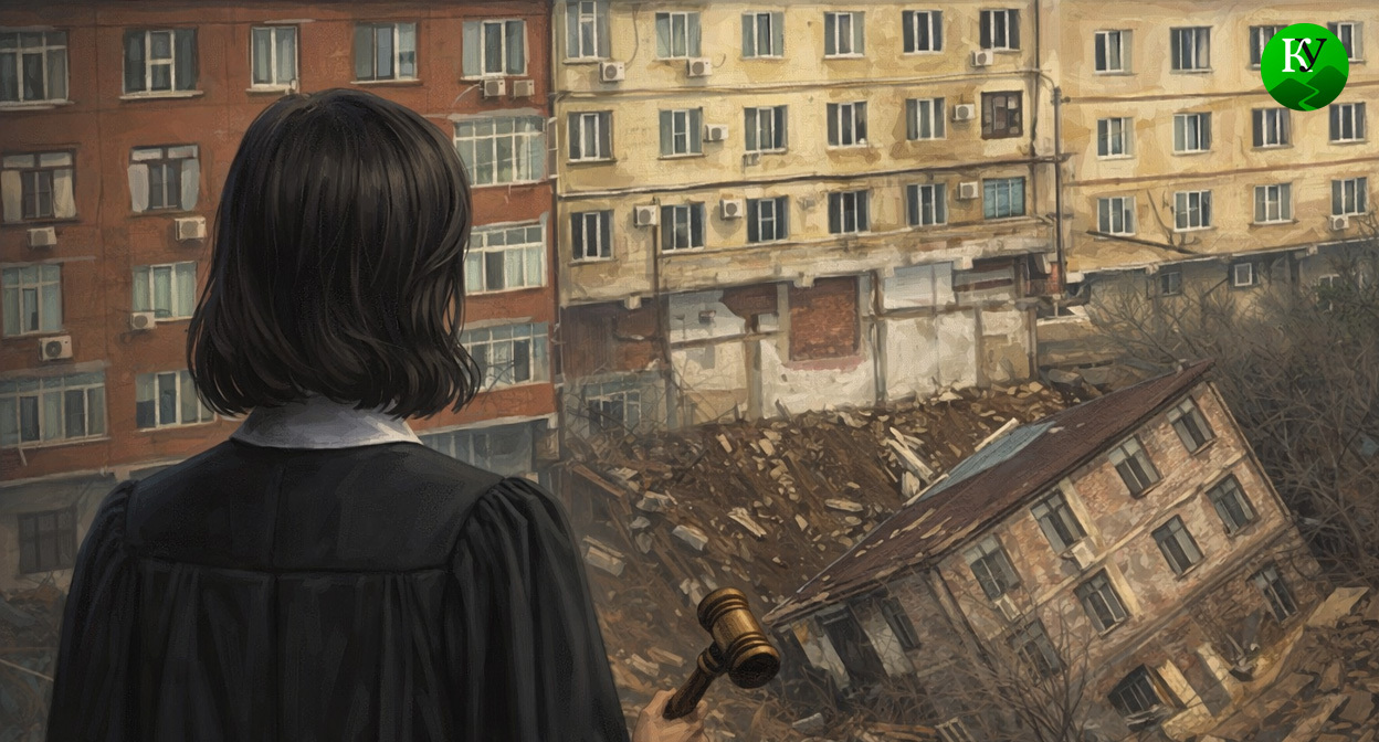 Судья и обрушившийся дом. Иллюстрация создана «Кавказским узлом» с помощью ИИ в программе Copilot