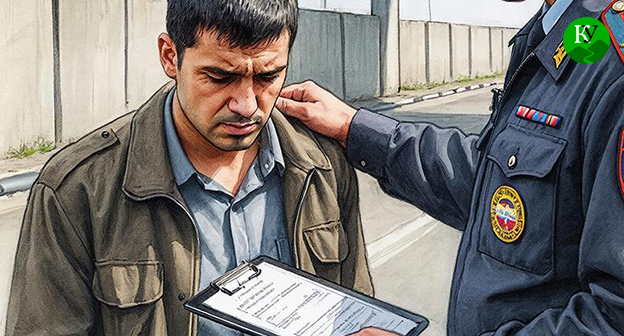 Мужчина стоит рядом с сотрудником пограничной службы. Иллюстрация создана "Кавказским узлом" при помощи ИИ в программе Copilot Мужчина стоит рядом с сотрудником пограничной службы. Иллюстрация создана "Кавказским узлом" при помощи ИИ в программе Copilot