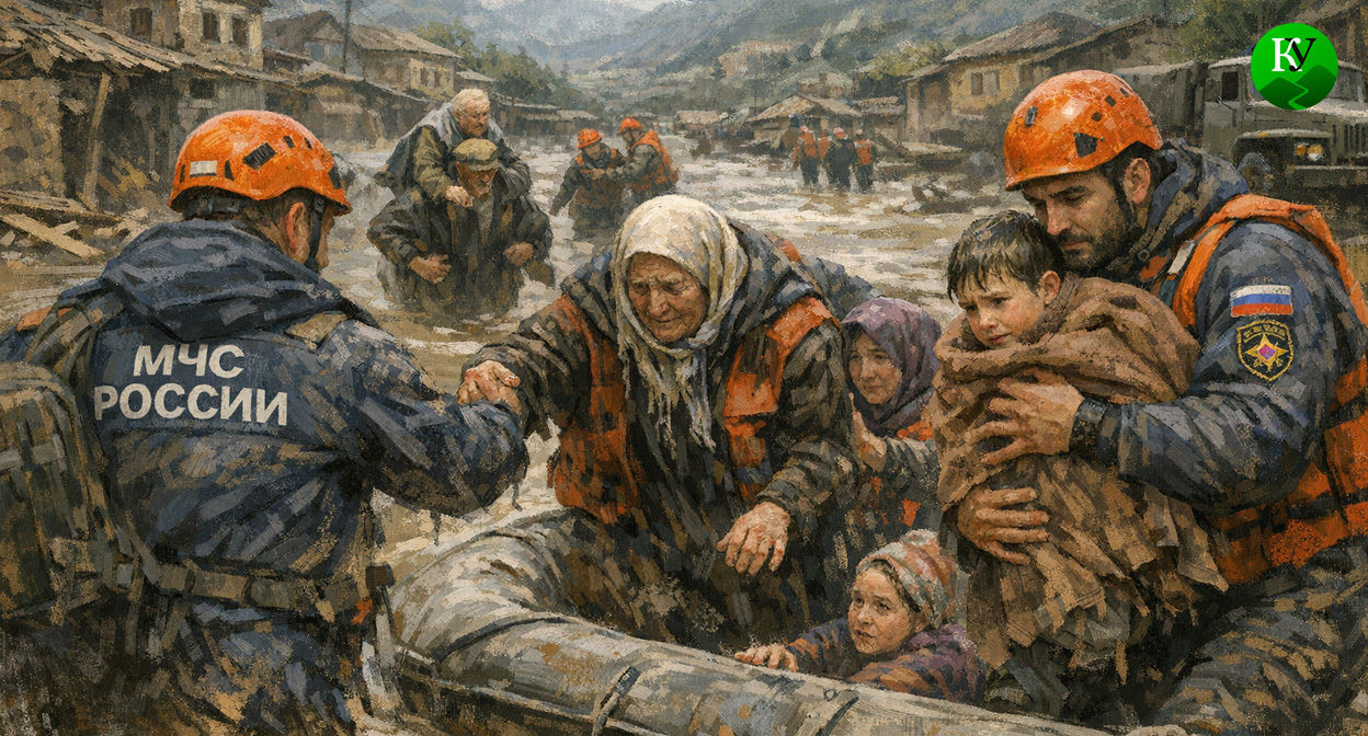 Спасатели во время наводнения. Иллюстрация создана «Кавказским узлом» с помощью ИИ в программе Copilot
