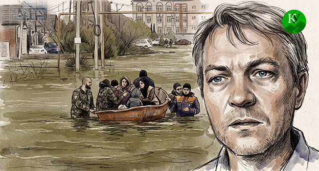 Алексей Гуня, наводнение в Дагестане. Иллюстрация создана "Кавказским узлом" при помощи ИИ в программе Copilot. Фото: Стоп-кадр видеосюжета "Первого канала", скриншот видео Youtube канала "Факультет социальных наук ПСТГУ"