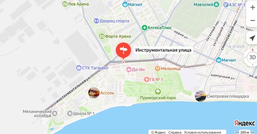 Скриншот сайта "Яндекс Карты" https://yandex.ru/maps/971/taganrog/geo/instrumentalnaya_ulitsa/24049962/?ll=38.888631%2C47.204741&source=serp_navig&z=15