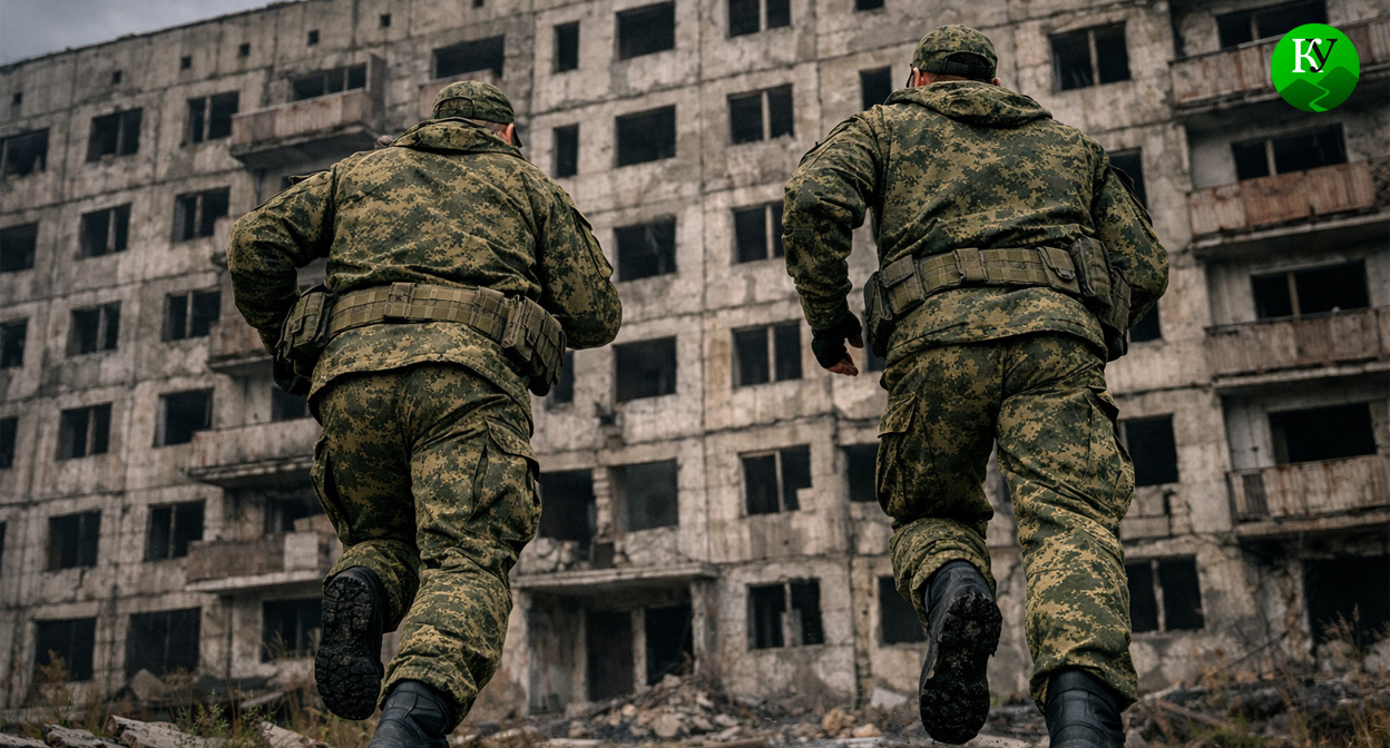 Двое военных на СВО. Иллюстрация создана «Кавказским узлом» с помощью ИИ в программе Copilot