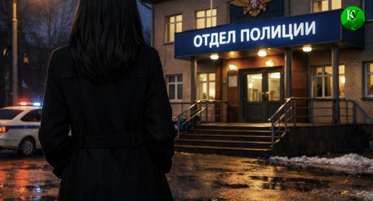 Девушка у отдела полиции. Иллюстрация создана «Кавказским узлом» с помощью ИИ в программе Copilot