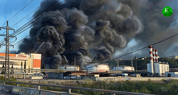 Пожар в порту Туапсе. Иллюстрация создана "Кавказским узлом" при помощи ИИ в программе Copilot