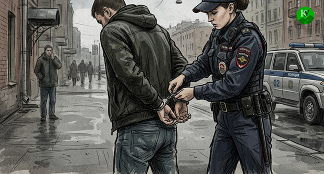 Сотрудник полиции надевает наручники на мужчину. Иллюстрация создана "Кавказским узлом" при помощи ИИ в программе Copilot