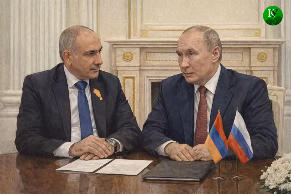 Никол Пашинян и Владимир Путин. Иллюстрация создана "Кавказским узлом" с помощью ИИ в программе Copilot
