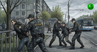 Cотрудники ФСБ задерживают подозреваемых. Иллюстрация создана "Кавказским узлом" при помощи ИИ в программе Copilot