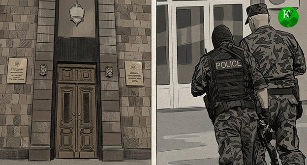 Сотрудники полиции и здание антикоррупционного комитета. Иллюстрация создана "Кавказским узлом" при помощи ИИ в программе Copilot Сотрудники полиции и здание антикоррупционного комитета. Иллюстрация создана "Кавказским узлом" при помощи ИИ в программе Copilot