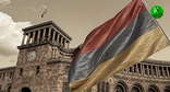 Флаг Армении на фоне здания парламента. Иллюстрация создана "Кавказским узлом" при помощи ИИ в программе Copilot
