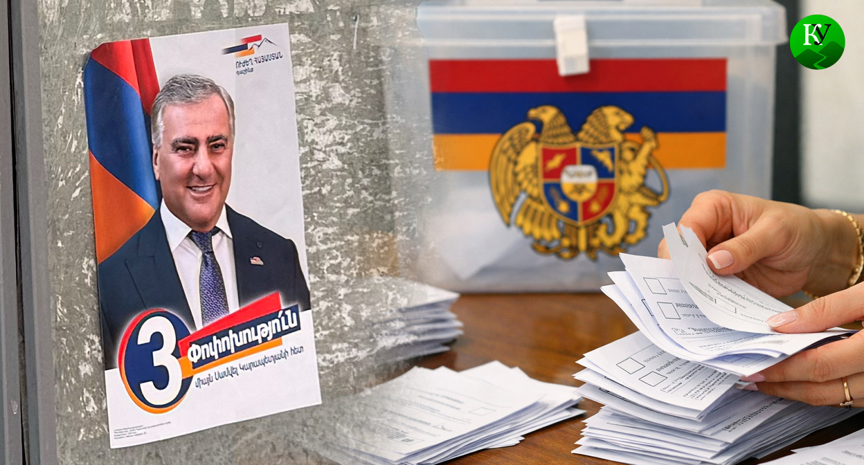Плакат "Сильной Армении" и подсчет голосов. Коллаж создан «Кавказским узлом». Фото "Кавказского Узла".