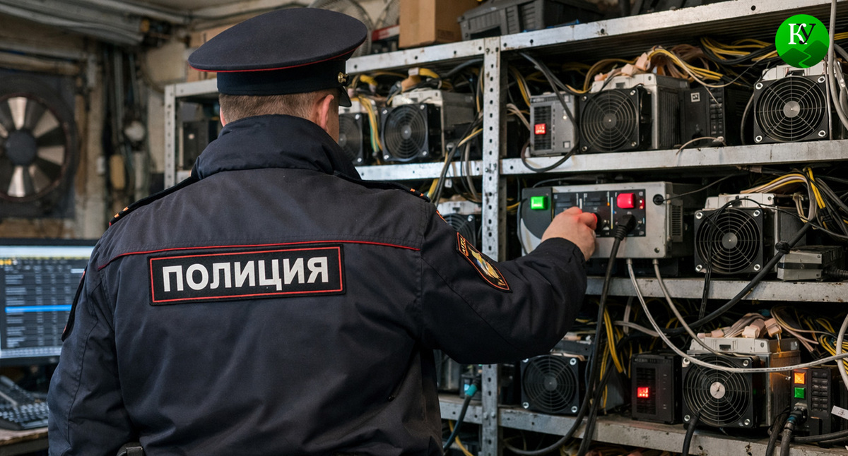 Полицейский на майнинг ферме. Иллюстрация создана «Кавказским узлом» с помощью ИИ в программе Copilot