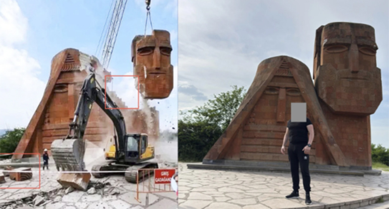 Фотография, на основании которой пользователи утверждают, что азербайджанские силы с применением строительной техники разрушают памятник "Мы - наши горы". Фото: https://civilnet.am/hy/news/1012657 Фотография, на основании которой пользователи утверждают, что азербайджанские силы с применением строительной техники разрушают памятник "Мы - наши горы". Фото: https://civilnet.am/hy/news/1012657