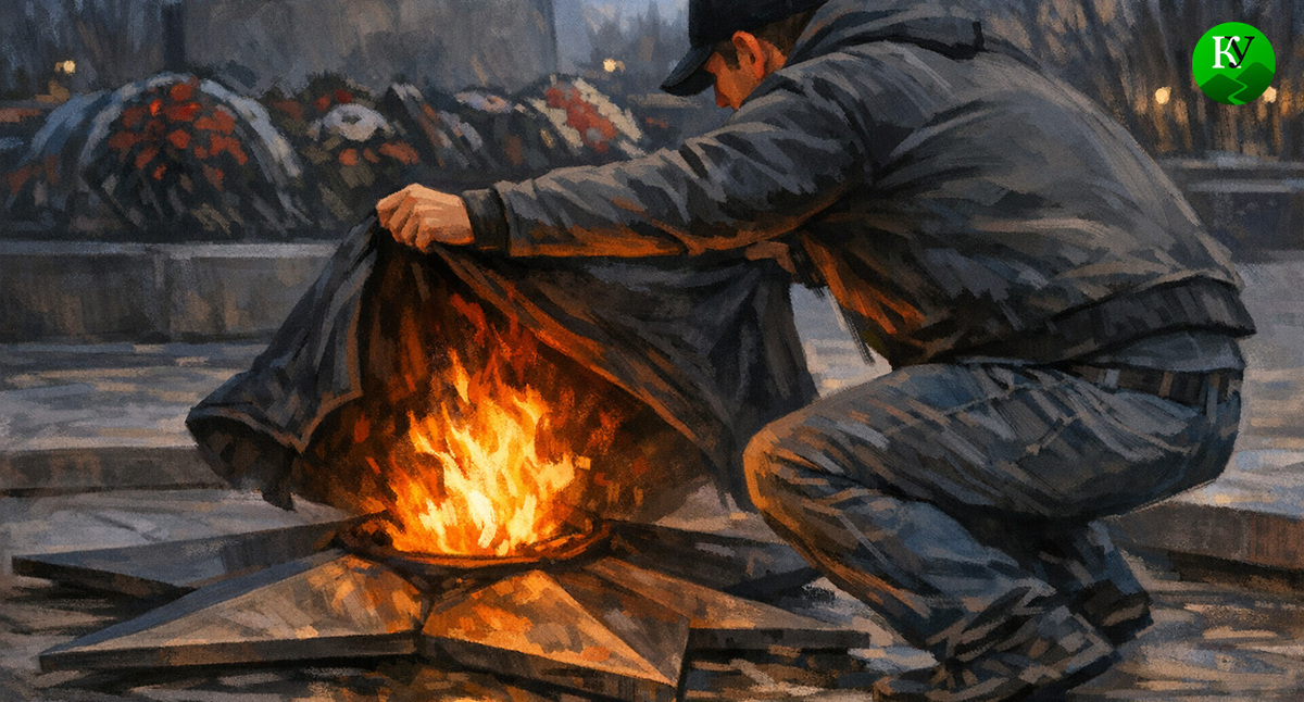Тушит Вечный огонь. Иллюстрация создана «Кавказским узлом» с помощью ИИ в программе Copilot