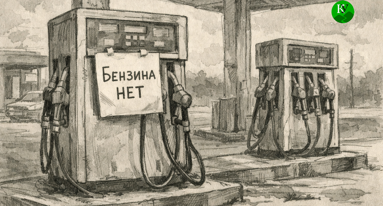 Объявление на АЗС об отсутствии бензина. Иллюстрация создана "Кавказским узлом" при помощи ИИ в программе Copilot