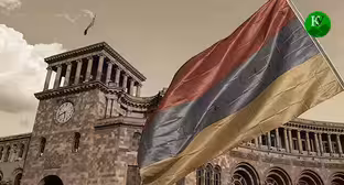 Flag of Armenia against the backdrop of the parliament building. Illustration created by