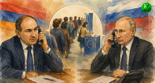 Телефонные переговоры Пашиняна и Путина. Иллюстрация создана «Кавказским узлом» с помощью ИИ в программе Copilot