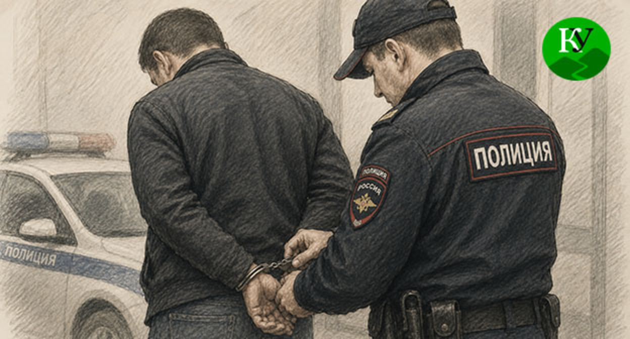 Сотрудник полиции надевает наручники на мужчину. Иллюстрация создана "Кавказским узлом" при помощи ИИ в программе Copilot