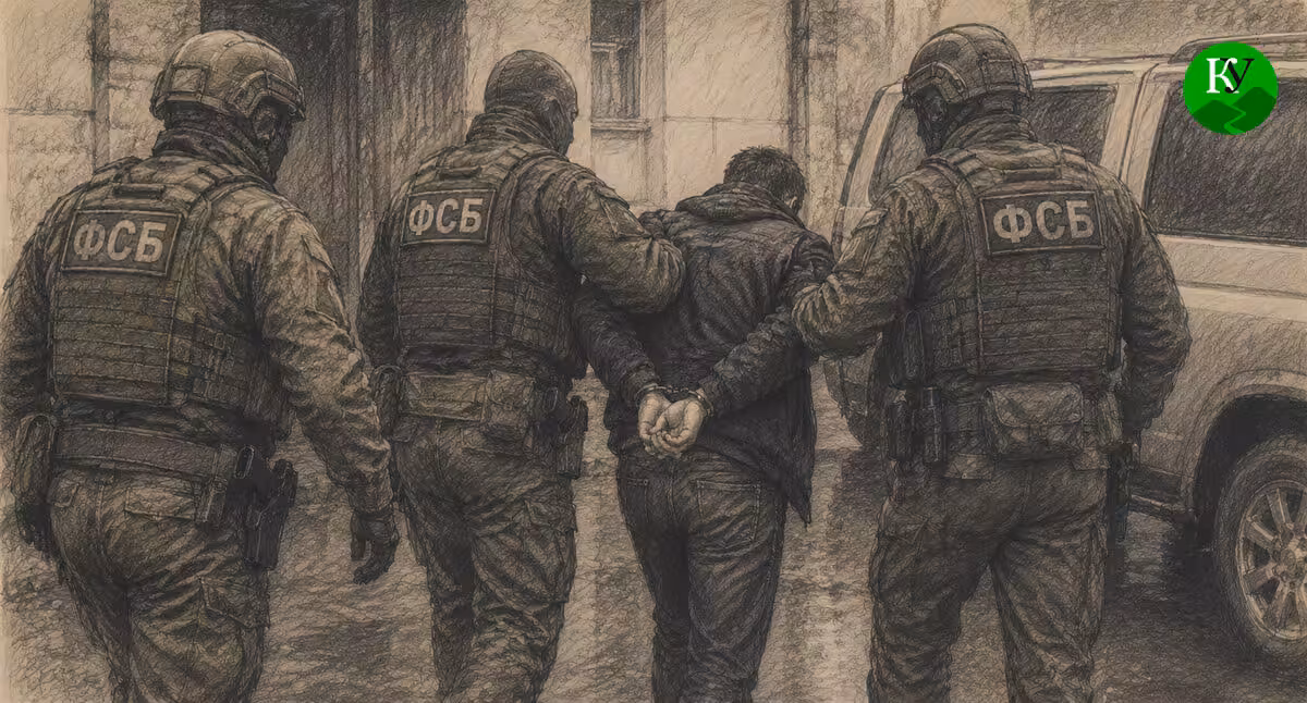 Cотрудники ФСБ задерживают мужчину. Иллюстрация создана "Кавказским узлом" при помощи ИИ в программе Copilot