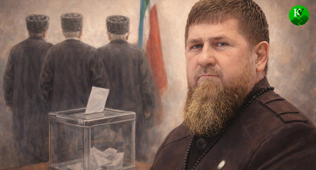 Кадыров и выборы. Иллюстрация создана «Кавказским узлом» с помощью ИИ в программе Copilot