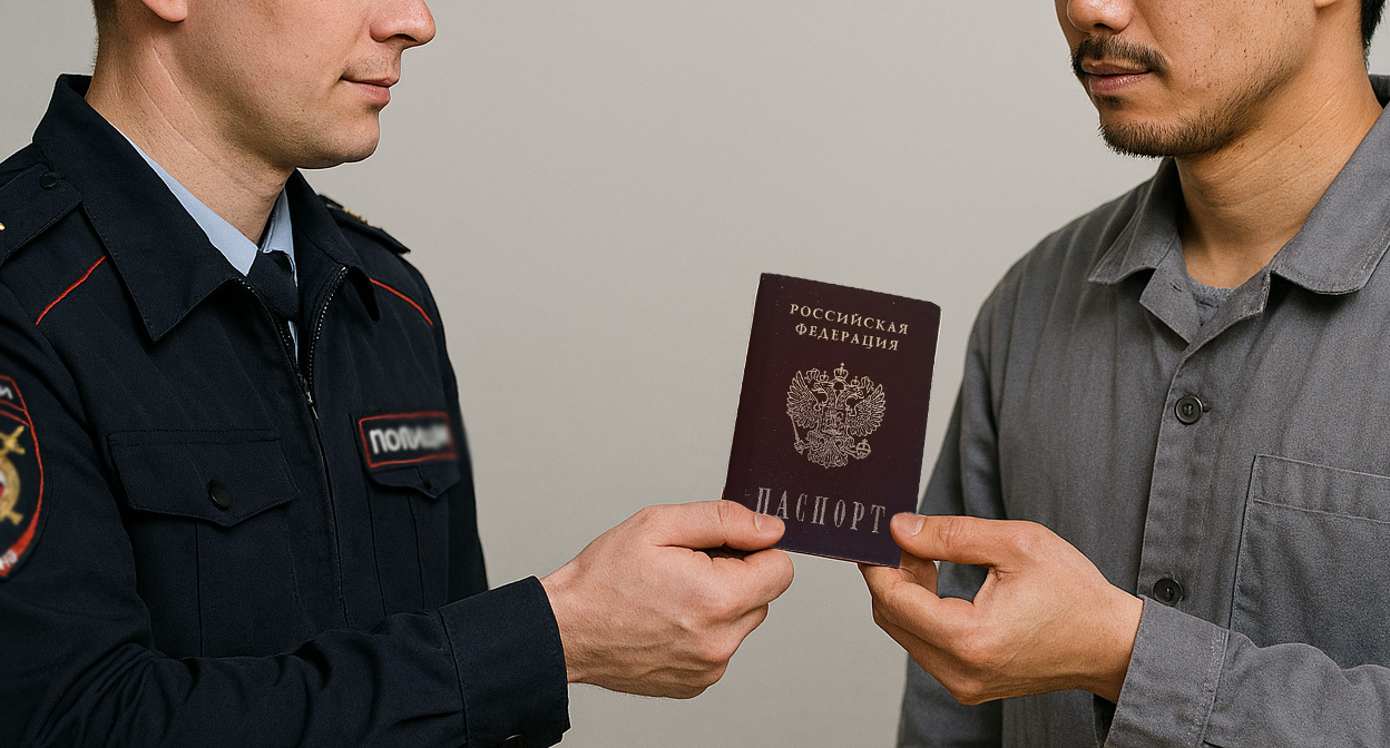 Полицейский отдает паспорт. Иллюстрация создана «Кавказским узлом» с помощью ИИ в программе Copilot