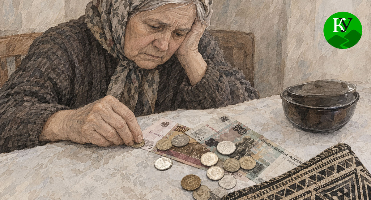Пожилая женщина смотрит на деньги. Иллюстрация создана "Кавказским узлом" при помощи ИИ в программе Copilot