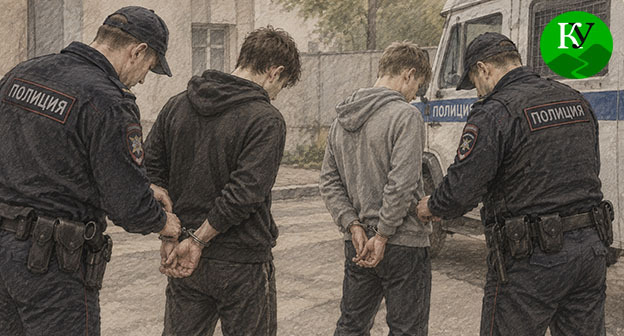 Сотрудники полиции надевают наручники. Иллюстрация создана "Кавказским узлом" при помощи ИИ в программе Copilot