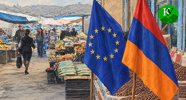 Флаги Евросоюза и Армении на фоне рынка. Иллюстрация создана "Кавказским узлом" при помощи ИИ в программе Copilot Флаги Евросоюза и Армении на фоне рынка. Иллюстрация создана "Кавказским узлом" при помощи ИИ в программе Copilot