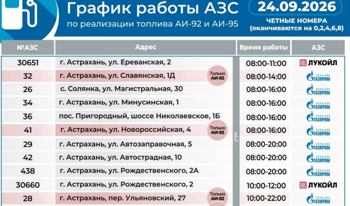 График работы АЗС в Астрахани. Скриншот фото из ТГ Бабушкина от 24.09.26, https://t.me/babushkin30/11638 График работы АЗС в Астрахани. Скриншот фото из ТГ Бабушкина от 24.09.26, https://t.me/babushkin30/11638