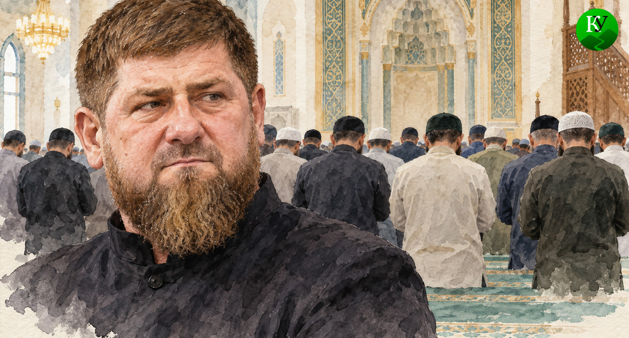 Кадыров и мечеть. Иллюстрация создана «Кавказским узлом» с помощью ИИ в программе Copilot