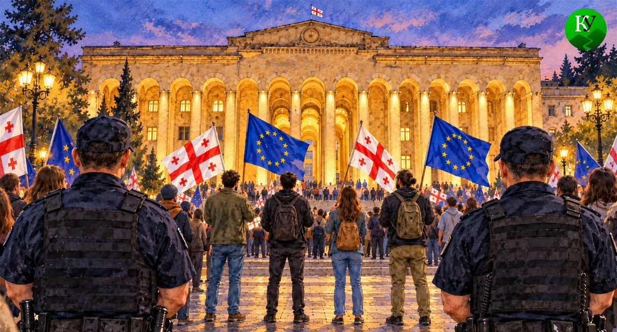 Акция протеста у Парламента Грузии. Иллюстрация создана «Кавказским узлом» с помощью ИИ в программе Copilot