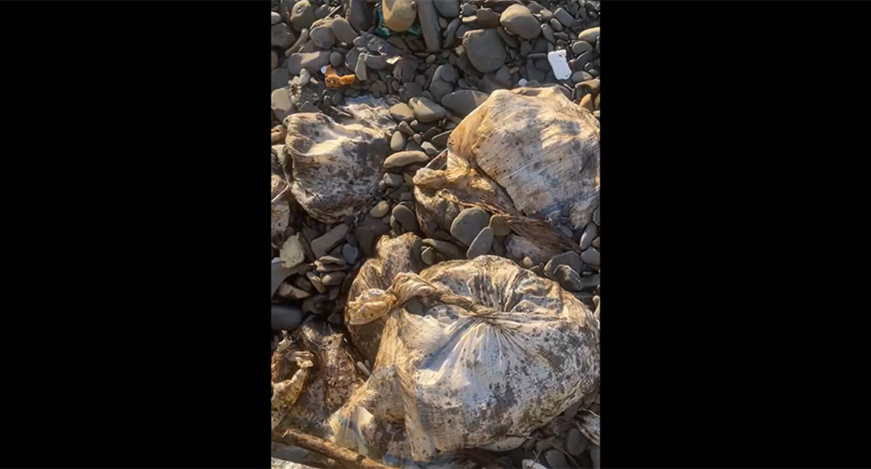 Мешки с мазутом на пляже в Мысхако. Кадр из видео https://t.me/evitishko/2707 Мешки с мазутом на пляже в Мысхако. Кадр из видео https://t.me/evitishko/2707
