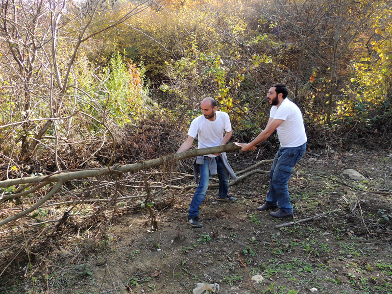 Марут (слева) и Арман вытягивают срубленные деревья на мосту.