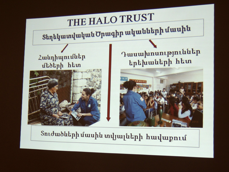Работа (информирование населения) The Halo Trust в селе (слева) и Стнпанакертсокй школе.