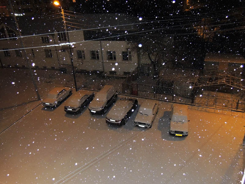 Ночью пошёл снег. Наш двор.